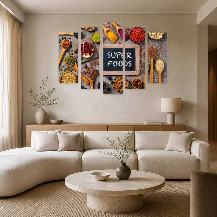 Superfoods in Vivid Color — five-panel wall art in frontal interior | 5wallart 53089 M3