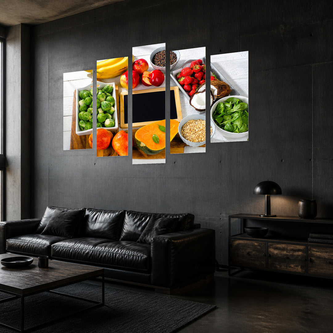 Fiber in Blue and Gold — five-panel wall art in perspective interior | 5wallart 53090 M2