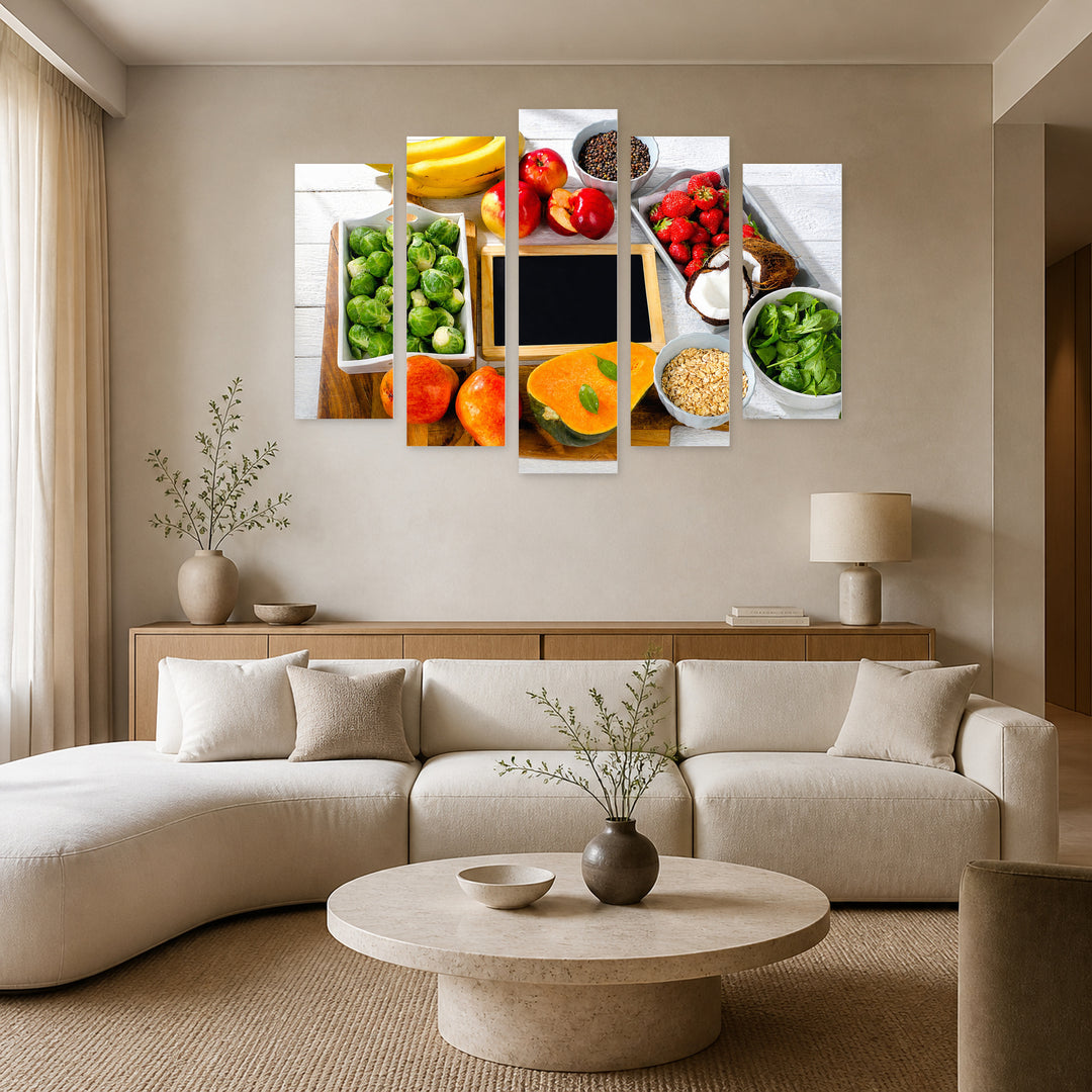 Fiber in Blue and Gold — five-panel wall art in alternate frontal interior | 5wallart 53090 M4