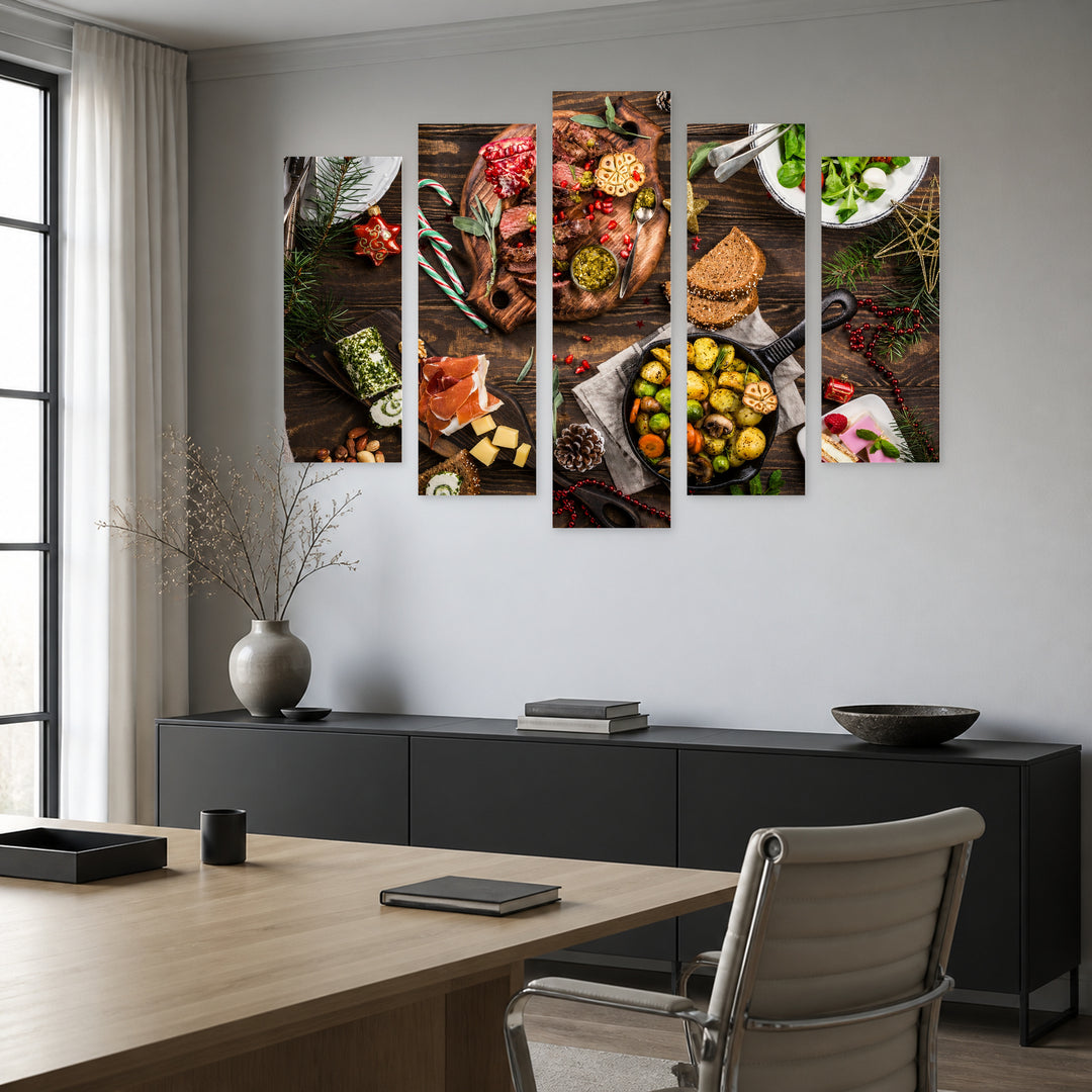 Hearty Feast Contemporary Study — five-panel wall art in alternate frontal interior | 5wallart 53101 M4