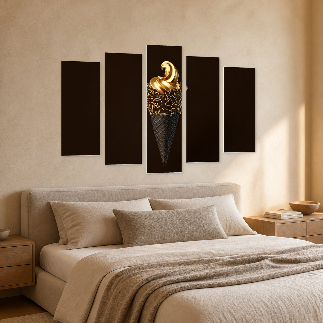 Premium Golden Ice Cream with Geometric Rhythm — five-panel wall art in perspective interior | 5wallart 53103 M2