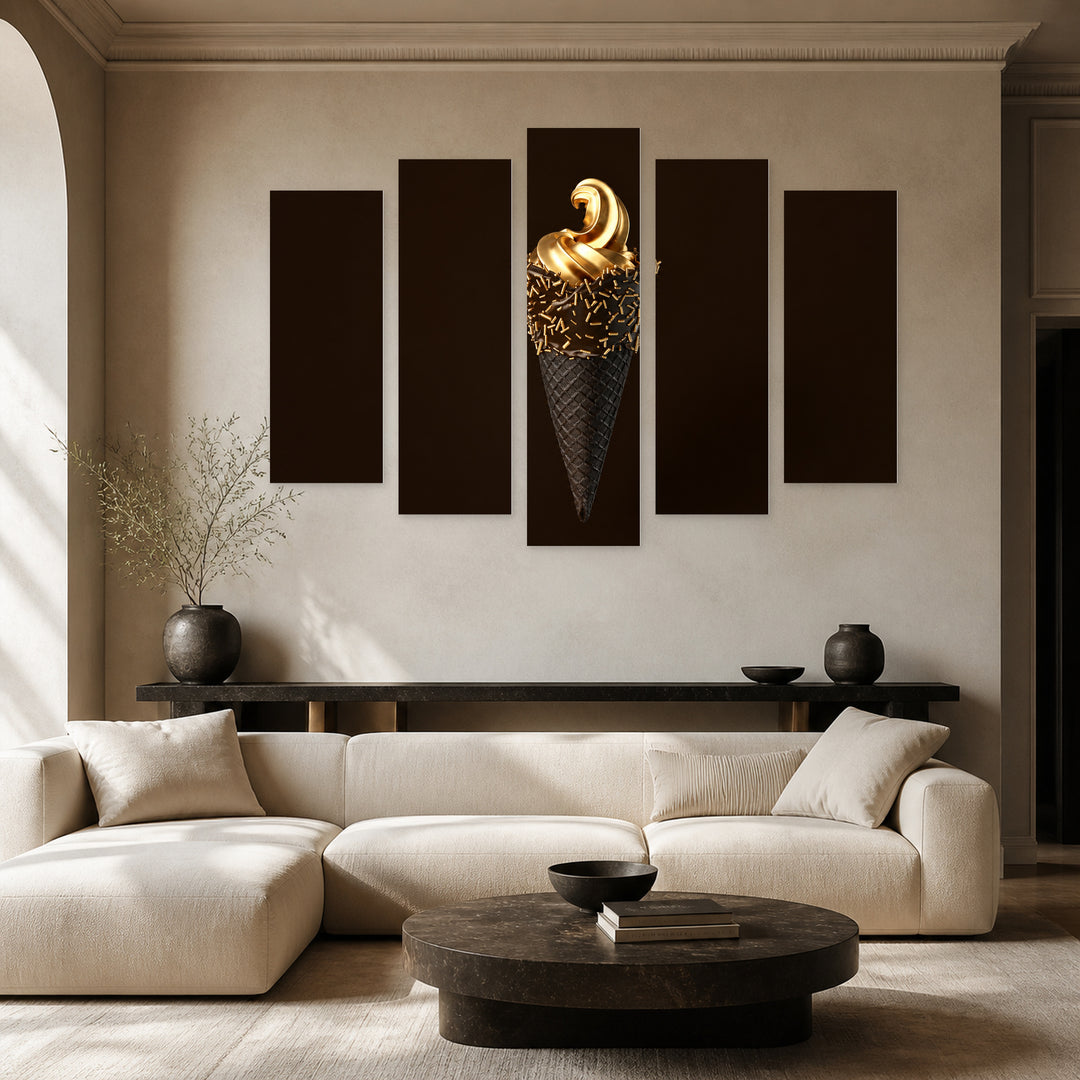 Premium Golden Ice Cream with Geometric Rhythm — five-panel wall art in frontal interior | 5wallart 53103 M3