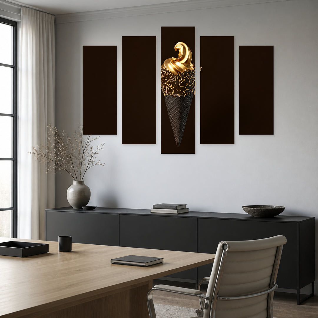 Premium Golden Ice Cream with Geometric Rhythm — five-panel wall art in alternate frontal interior | 5wallart 53103 M4