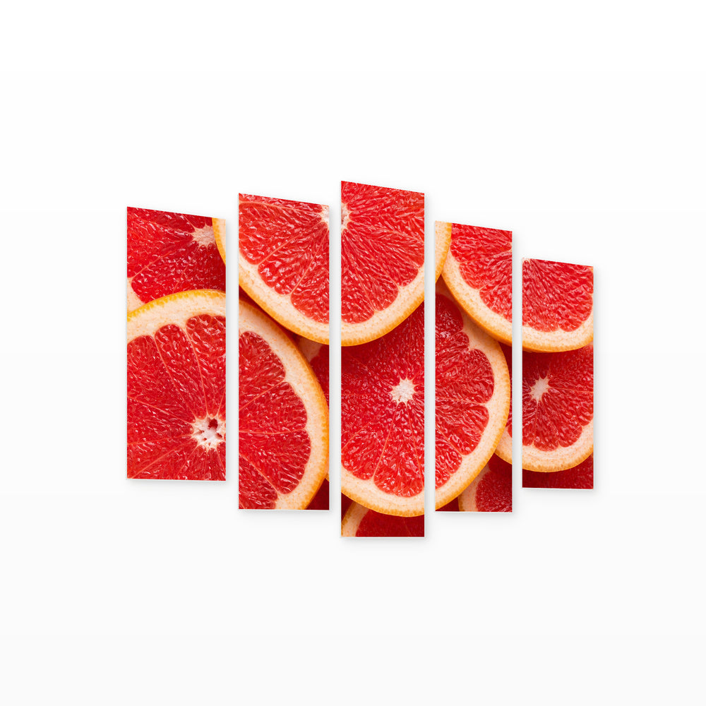 Grapefruit Slices with Geometric Rhythm — five-panel wall art on white background in perspective | 5wallart 53106 M1