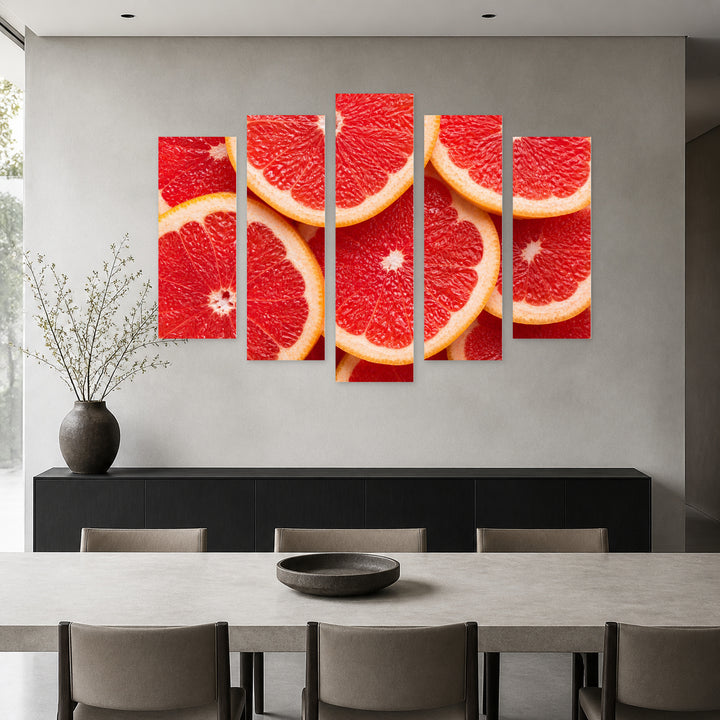 Grapefruit Slices with Geometric Rhythm — five-panel wall art in frontal interior | 5wallart 53106 M3