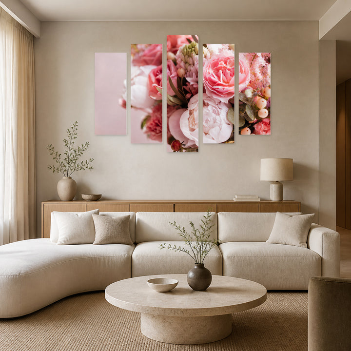 Blooming Flowers Art Study — five-panel wall art in alternate frontal interior | 5wallart 53112 M4