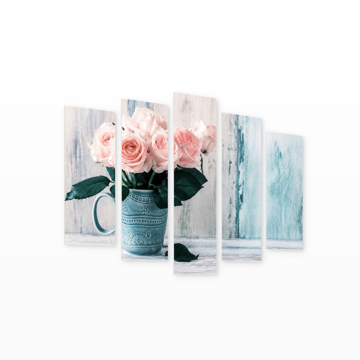 Pink Roses in a Vase in Serene Light — five-panel wall art on white background in perspective | 5wallart 53120 M1