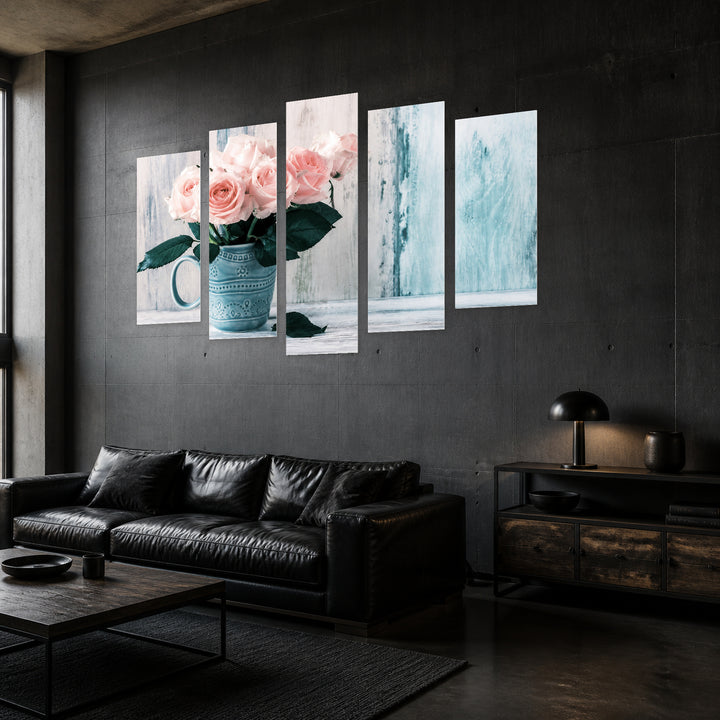 Pink Roses in a Vase in Serene Light — five-panel wall art in perspective interior | 5wallart 53120 M2