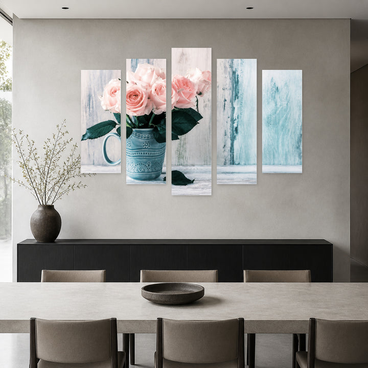 Pink Roses in a Vase in Serene Light — five-panel wall art in frontal interior | 5wallart 53120 M3