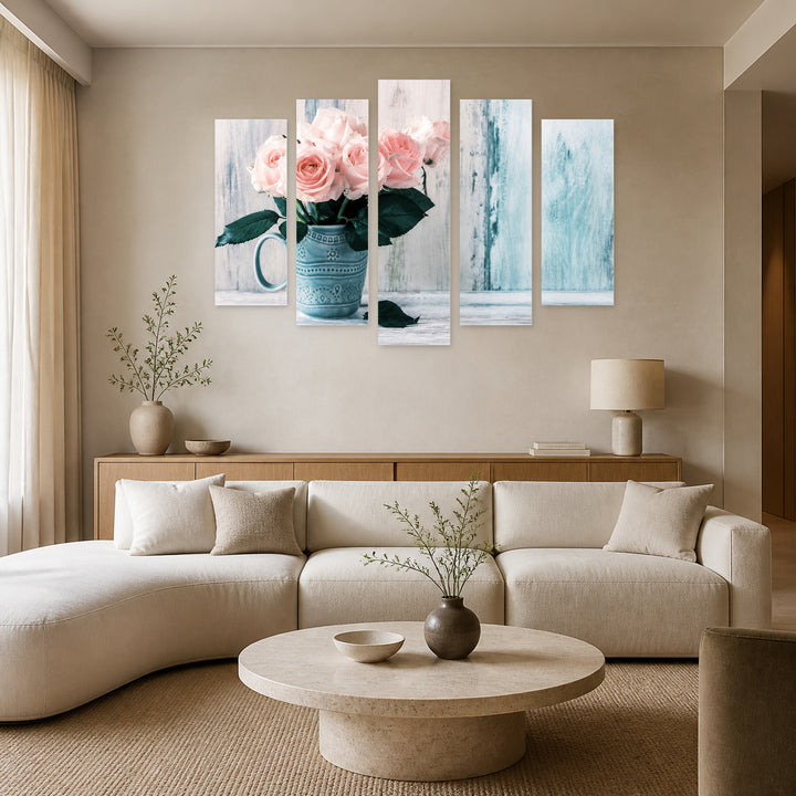 Pink Roses in a Vase in Serene Light — five-panel wall art in alternate frontal interior | 5wallart 53120 M4