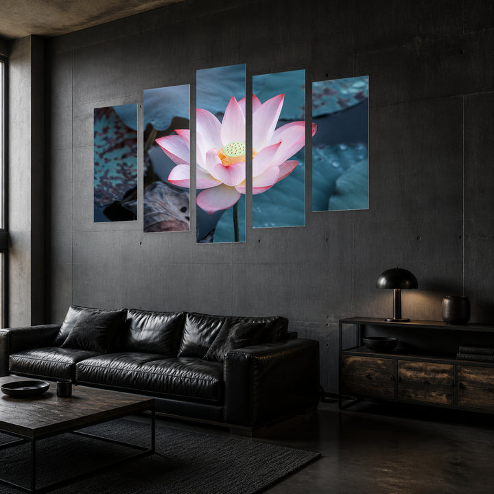 Pink Lotus in Still Water — five-panel wall art in perspective interior | 5wallart 53124 M2