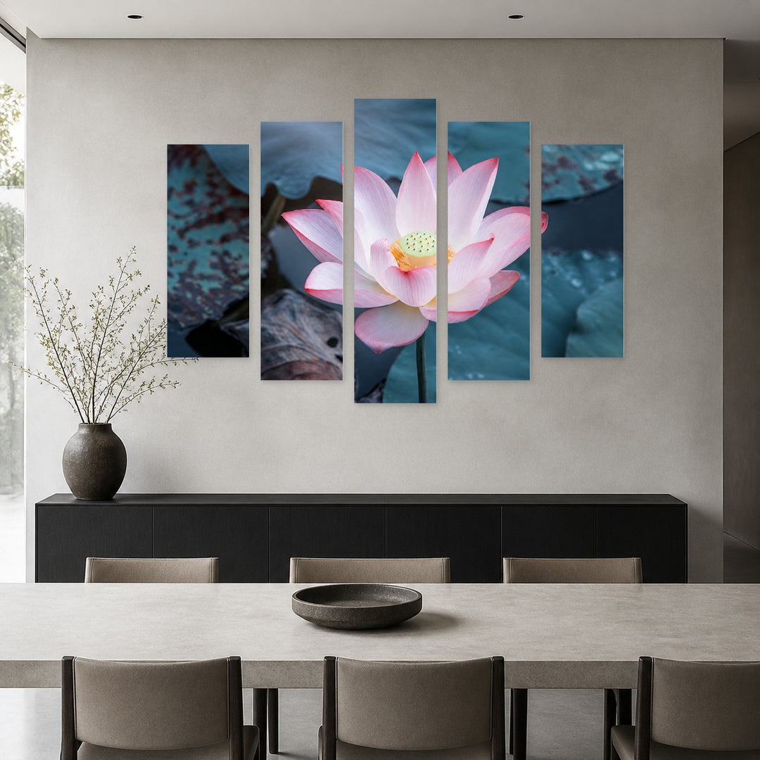 Pink Lotus in Still Water — five-panel wall art in frontal interior | 5wallart 53124 M3