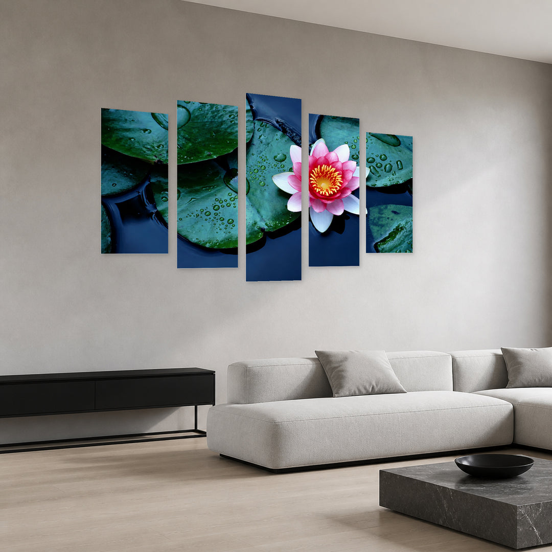 Lotus in Serene Light — five-panel wall art in perspective interior | 5wallart 53126 M2