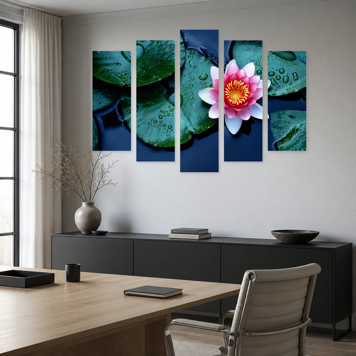 Lotus in Serene Light — five-panel wall art in frontal interior | 5wallart 53126 M3