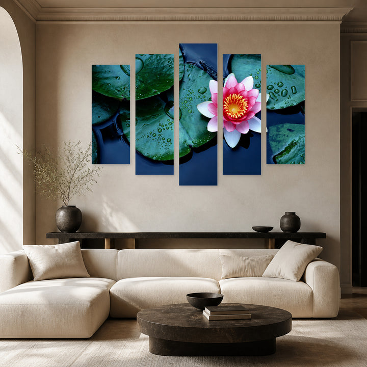 Lotus in Serene Light — five-panel wall art in alternate frontal interior | 5wallart 53126 M4
