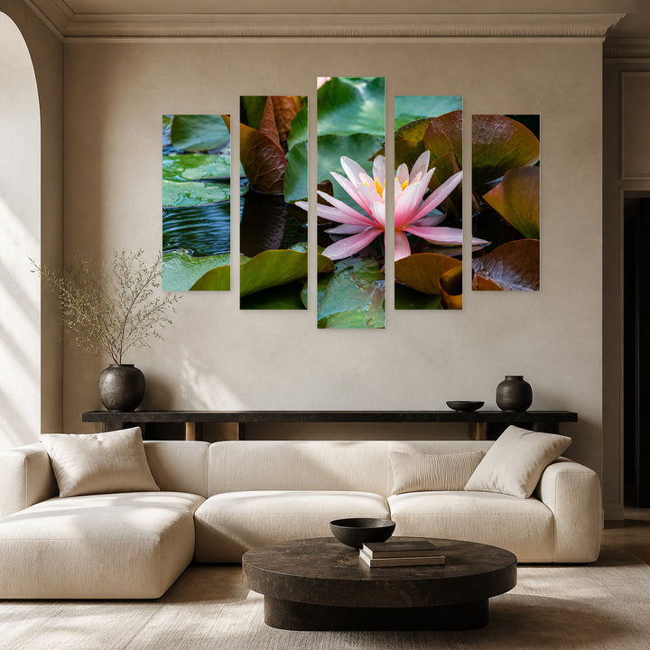 Pink Water Lotus Flower in Serene Light — five-panel wall art in frontal interior | 5wallart 53131 M3