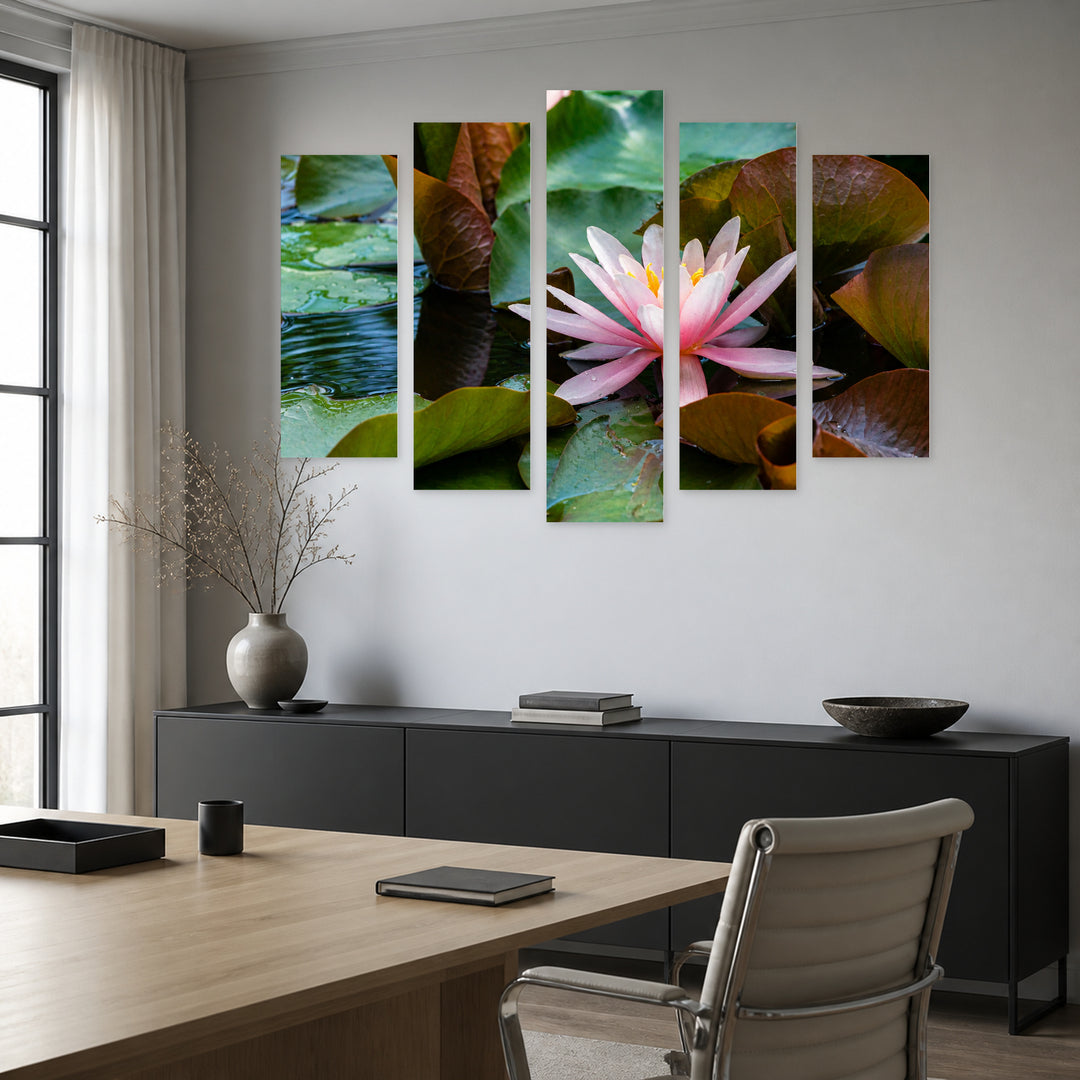 Pink Water Lotus Flower in Serene Light — five-panel wall art in alternate frontal interior | 5wallart 53131 M4