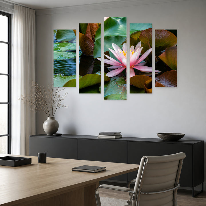 Pink Water Lotus Flower in Serene Light — five-panel wall art in alternate frontal interior | 5wallart 53131 M4