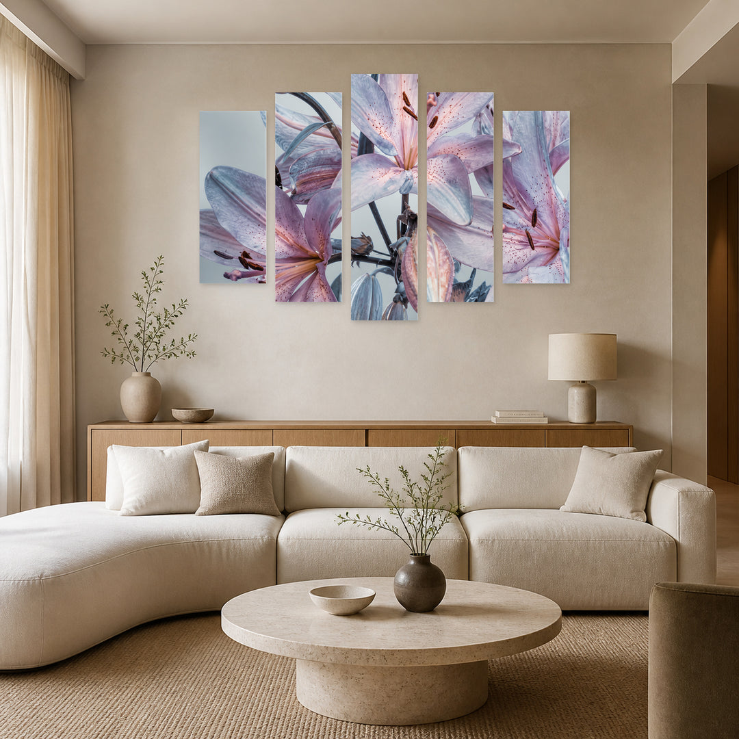 Lilium in Winter — five-panel wall art in alternate frontal interior | 5wallart 53136 M4