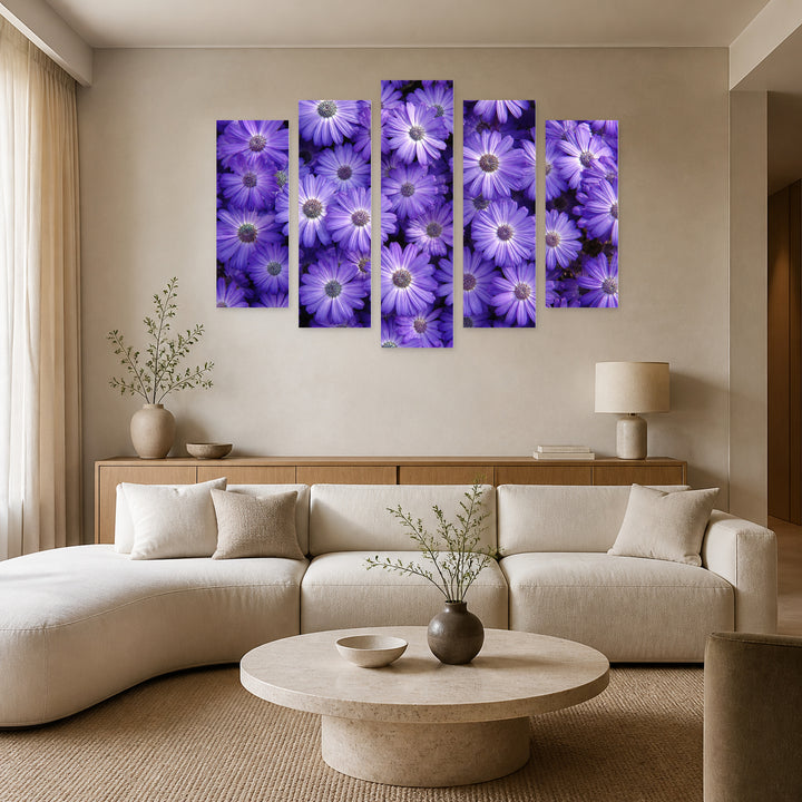 Purple Flowers in Serene Light — five-panel wall art in alternate frontal interior | 5wallart 53138 M4