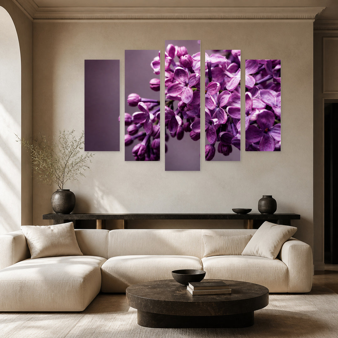 Close-up Lilac with Geometric Rhythm — five-panel wall art in frontal interior | 5wallart 53139 M3
