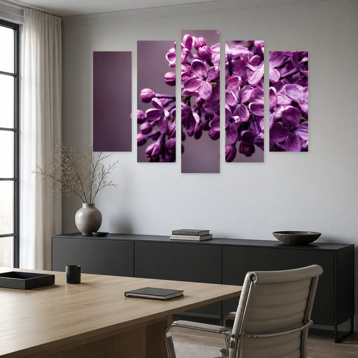 Close-up Lilac with Geometric Rhythm — five-panel wall art in alternate frontal interior | 5wallart 53139 M4