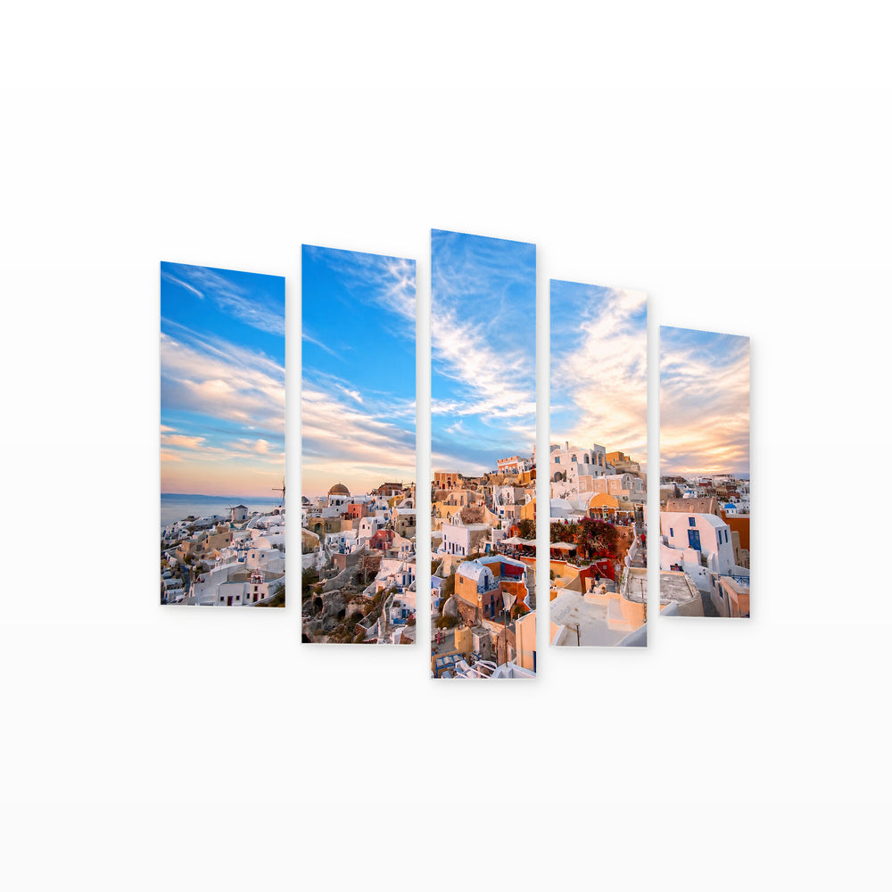 Oia, Santorini with Geometric Rhythm — five-panel wall art on white background in perspective | 5wallart 53149 M1