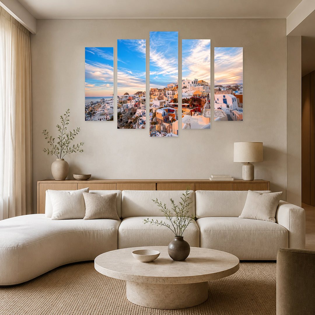 Oia, Santorini with Geometric Rhythm — five-panel wall art in frontal interior | 5wallart 53149 M3