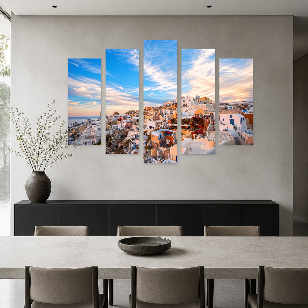 Oia, Santorini with Geometric Rhythm — five-panel wall art in alternate frontal interior | 5wallart 53149 M4