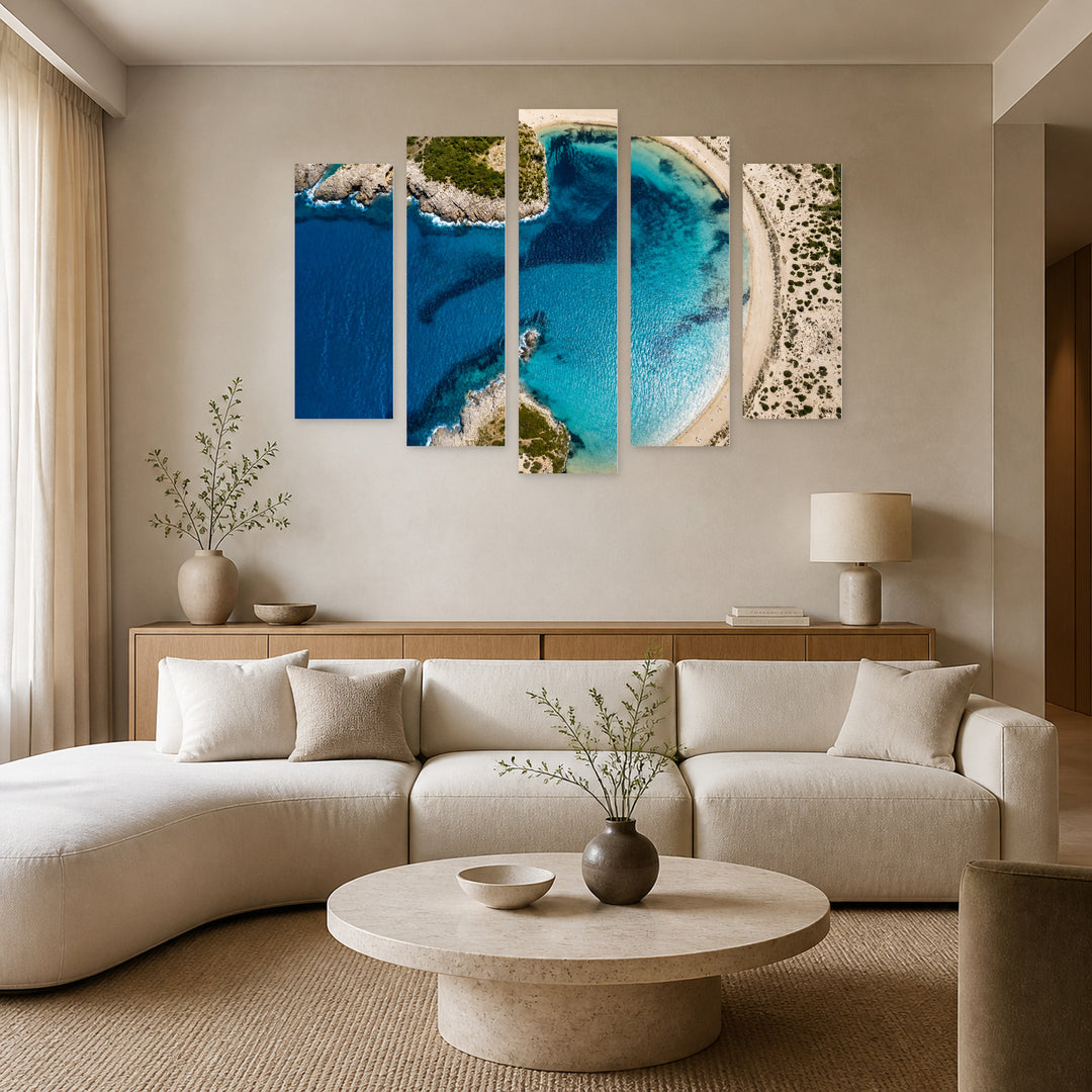 Voidokilia Bay with Geometric Rhythm — five-panel wall art in frontal interior | 5wallart 53155 M3