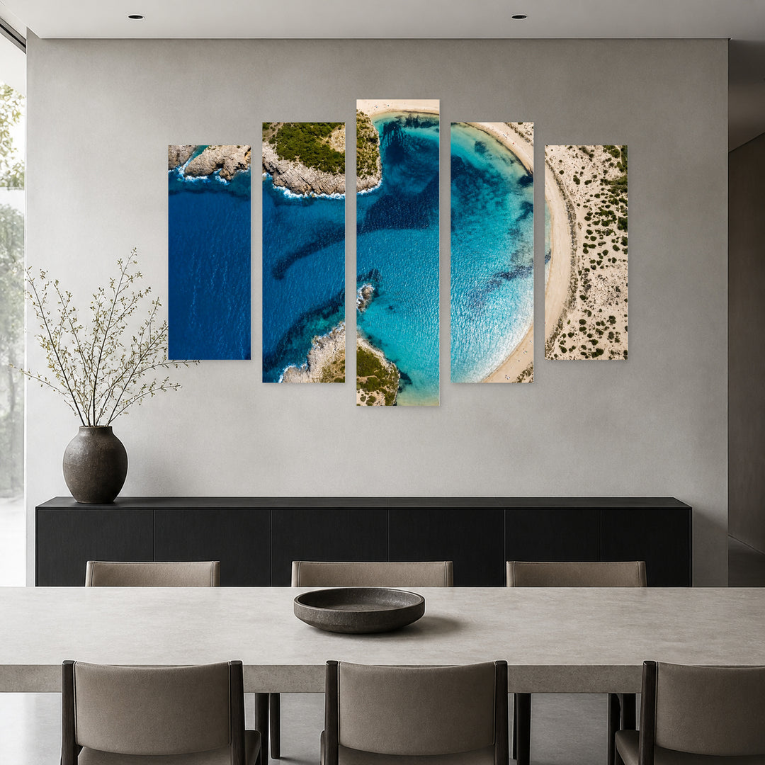 Voidokilia Bay with Geometric Rhythm — five-panel wall art in alternate frontal interior | 5wallart 53155 M4