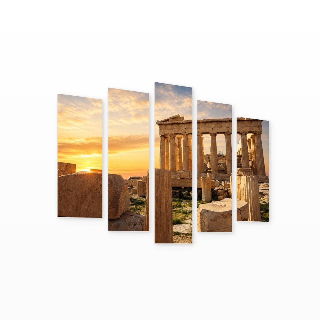 Acropolis of Athens, Greece at Golden Sunset — five-panel wall art on white background in perspective | 5wallart 53173 M1