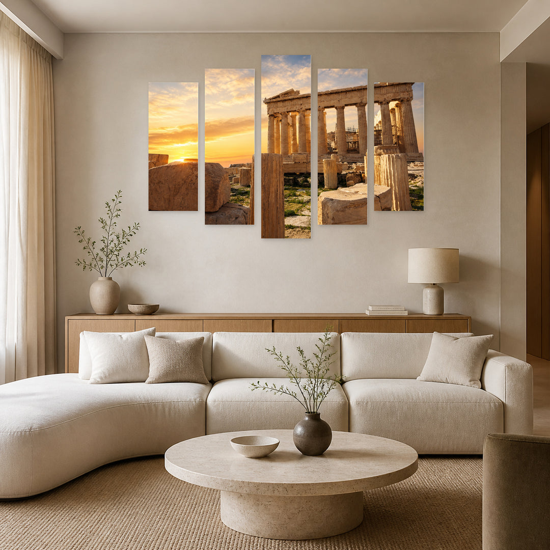 Acropolis of Athens, Greece at Golden Sunset — five-panel wall art in frontal interior | 5wallart 53173 M3