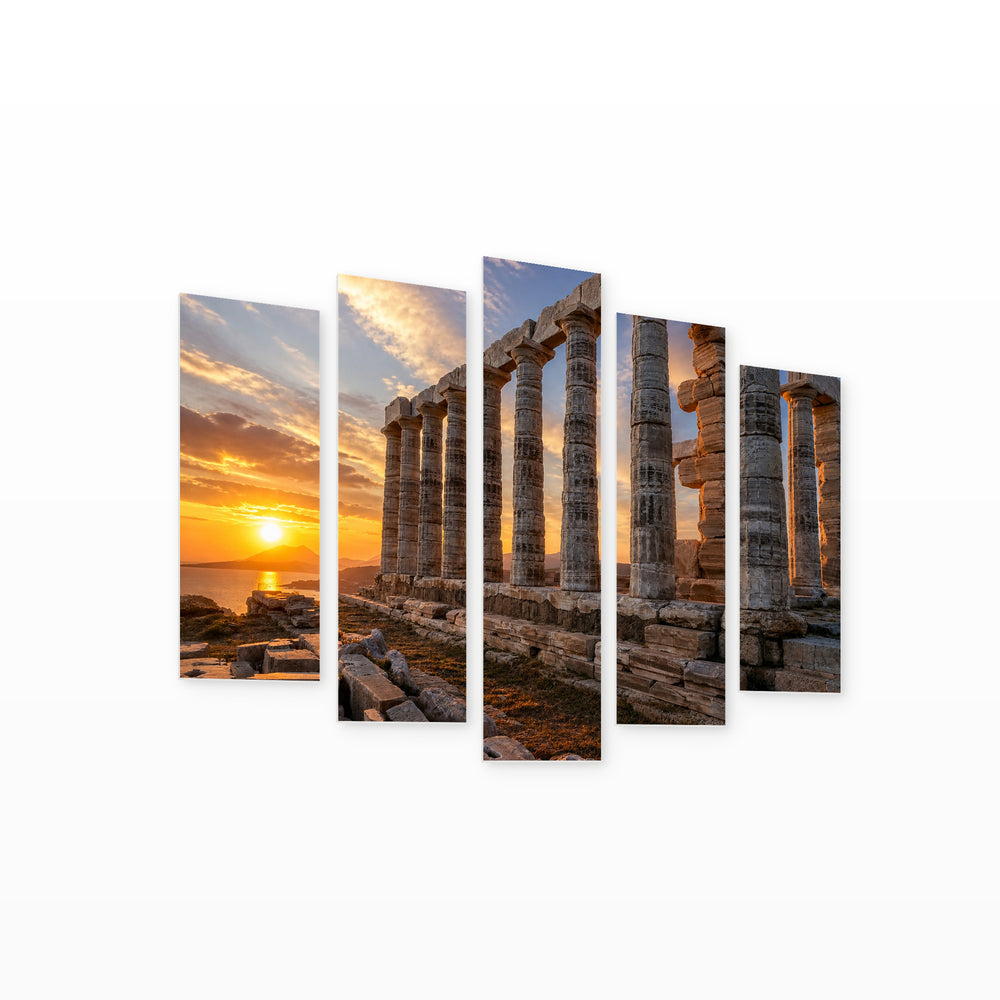 Sunset in Sounion with Dreamlike Atmosphere — five-panel wall art on white background in perspective | 5wallart 53180 M1