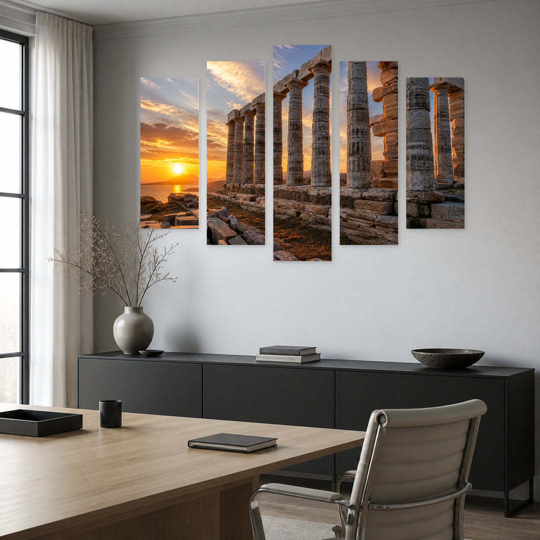 Sunset in Sounion with Dreamlike Atmosphere — five-panel wall art in frontal interior | 5wallart 53180 M3