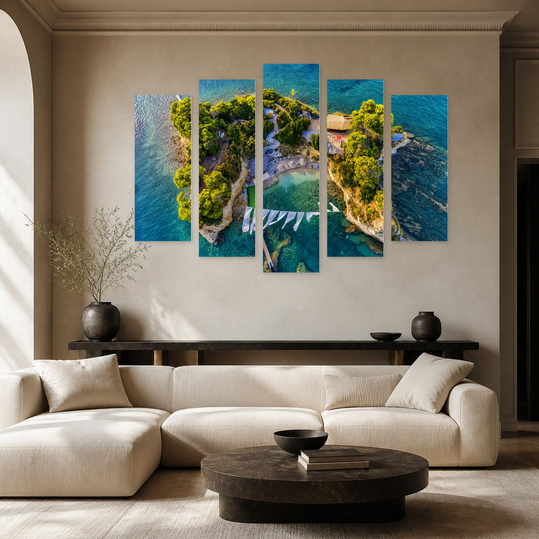 Agios Sostis in Blue and Gold — five-panel wall art in frontal interior | 5wallart 53185 M3