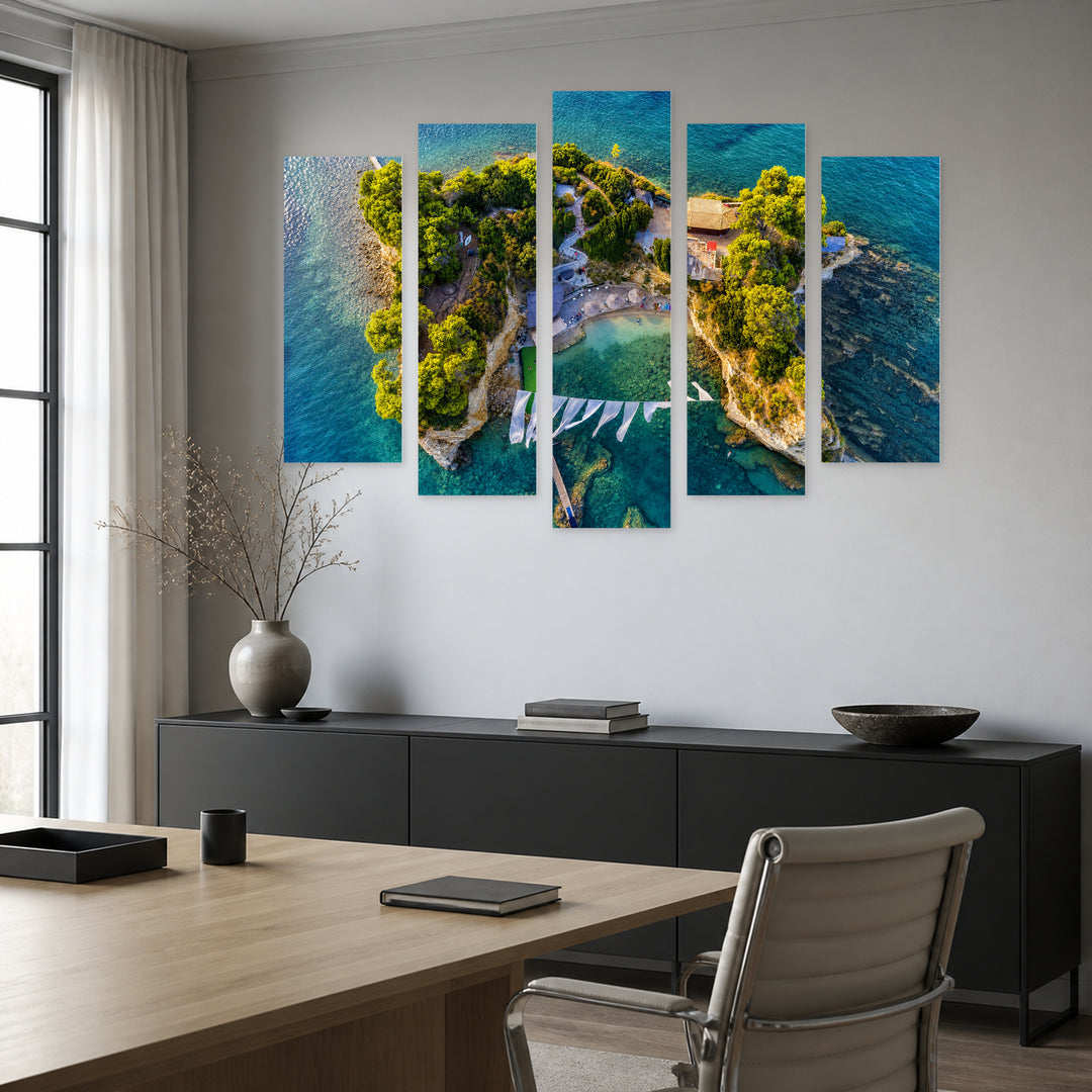 Agios Sostis in Blue and Gold — five-panel wall art in alternate frontal interior | 5wallart 53185 M4