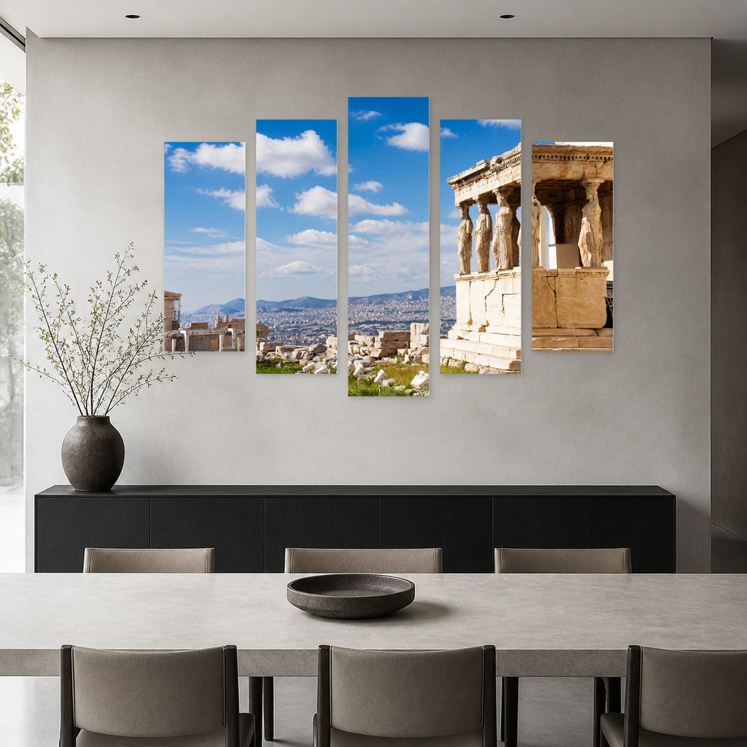 View of Erechtheion with Acropolis Skyline — five-panel wall art in frontal interior | 5wallart 53190 M3