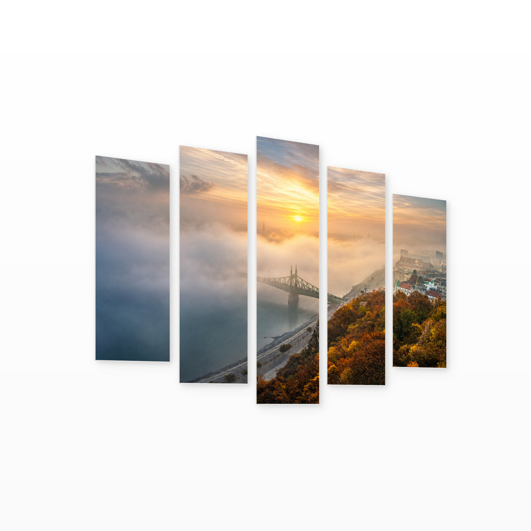 Sunrise in Fog with Dreamlike Atmosphere — five-panel wall art on white background in perspective | 5wallart 53200 M1