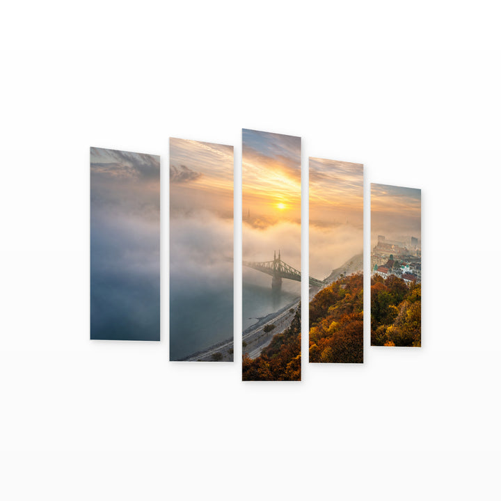 Sunrise in Fog with Dreamlike Atmosphere — five-panel wall art on white background in perspective | 5wallart 53200 M1
