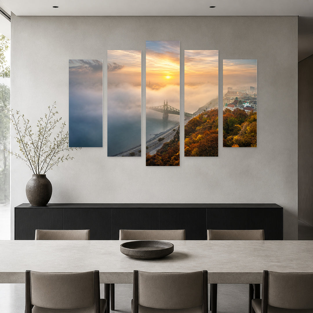 Sunrise in Fog with Dreamlike Atmosphere — five-panel wall art in frontal interior | 5wallart 53200 M3
