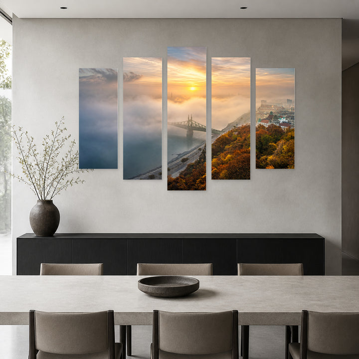 Sunrise in Fog with Dreamlike Atmosphere — five-panel wall art in frontal interior | 5wallart 53200 M3
