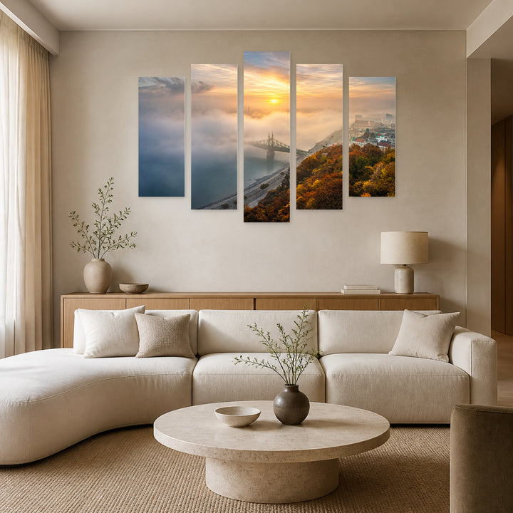 Sunrise in Fog with Dreamlike Atmosphere — five-panel wall art in alternate frontal interior | 5wallart 53200 M4
