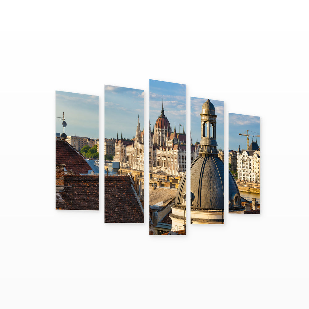 Parliament in Budapest in Blue and Gold II — five-panel wall art on white background in perspective | 5wallart 53202 M1