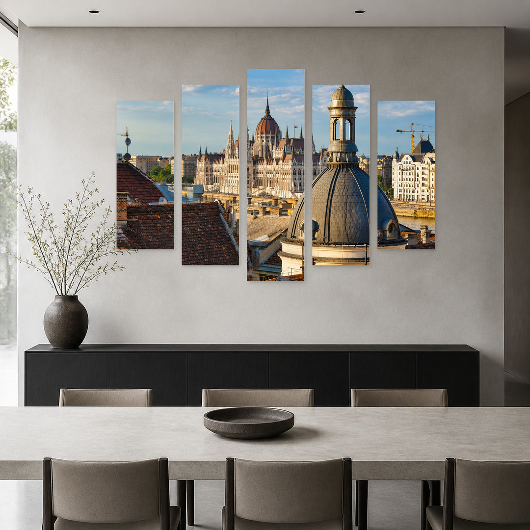 Parliament in Budapest in Blue and Gold II — five-panel wall art in frontal interior | 5wallart 53202 M3