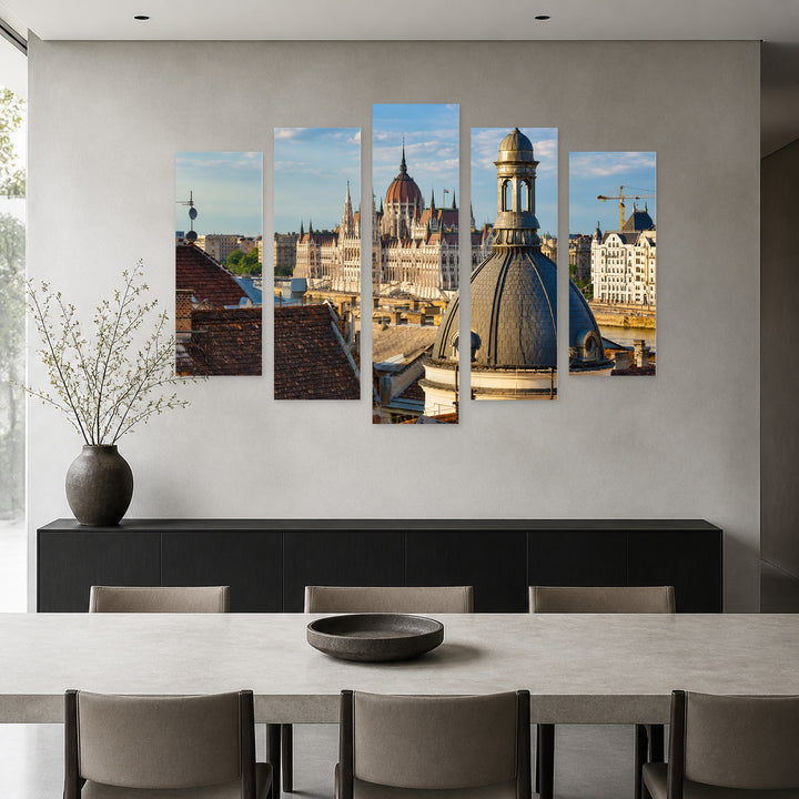Parliament in Budapest in Blue and Gold II — five-panel wall art in frontal interior | 5wallart 53202 M3