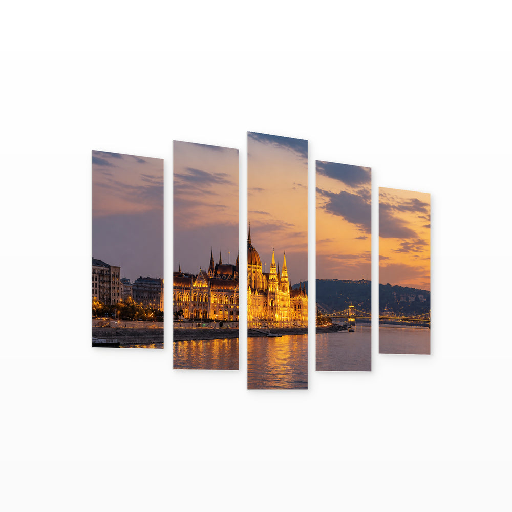 Budapest Parliament and Danube River at Golden Sunset — five-panel wall art on white background in perspective | 5wallart 53204 M1