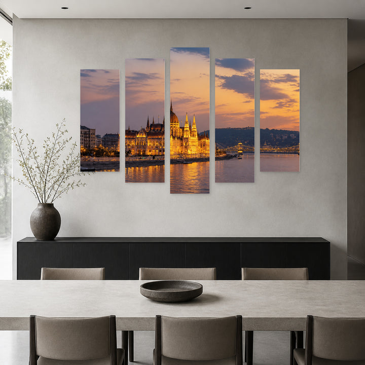 Budapest Parliament and Danube River at Golden Sunset — five-panel wall art in frontal interior | 5wallart 53204 M3