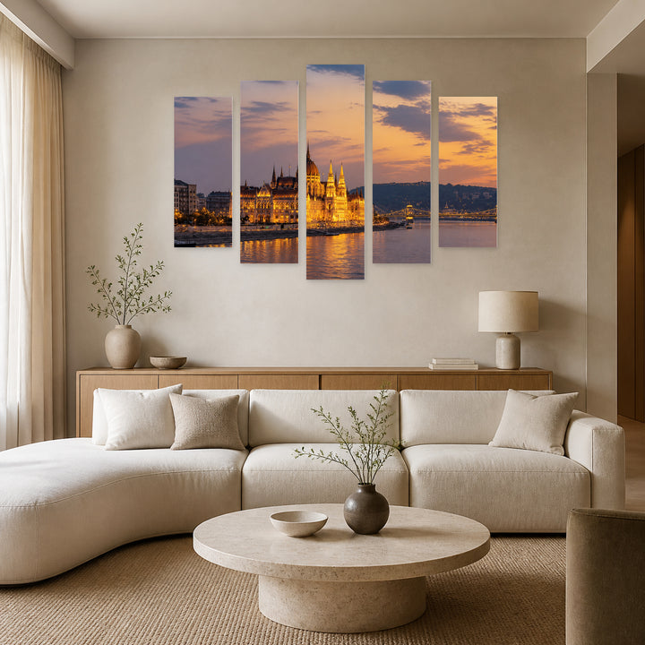 Budapest Parliament and Danube River at Golden Sunset — five-panel wall art in alternate frontal interior | 5wallart 53204 M4