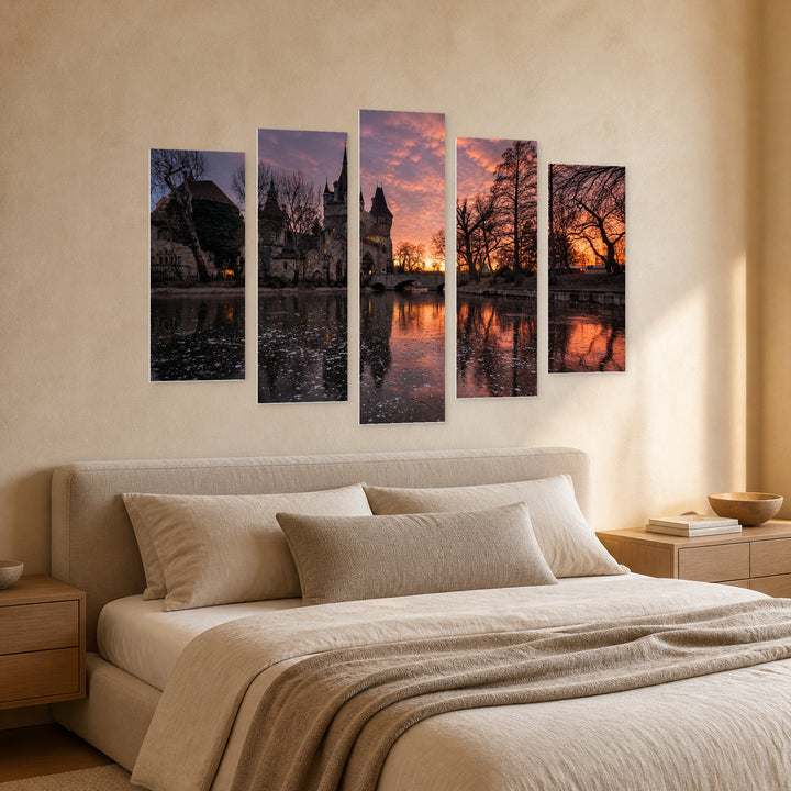 Budapest City Park Sunset Glow — five-panel wall art in perspective interior | 5wallart 53205 M2